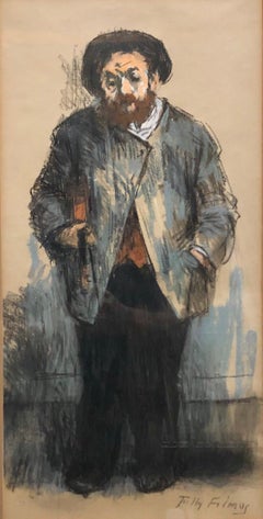 Dessin judaïque au pastel « Le violoniste » de Klezmer, artiste musicien juif de la WPA