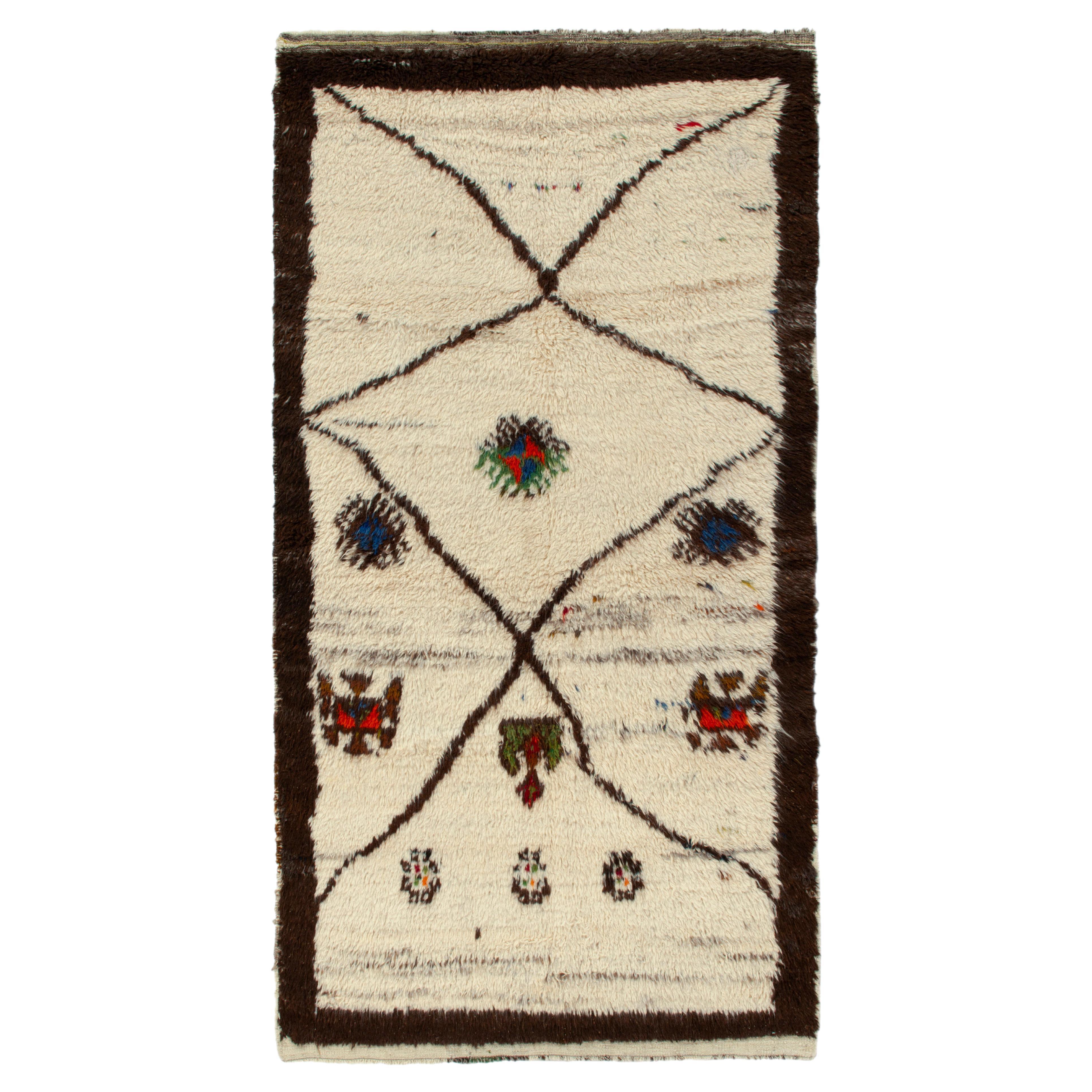 Vintage Tulu Shag Rug In White With Brown Geometric Patterns By Rug & Kilim For Sale