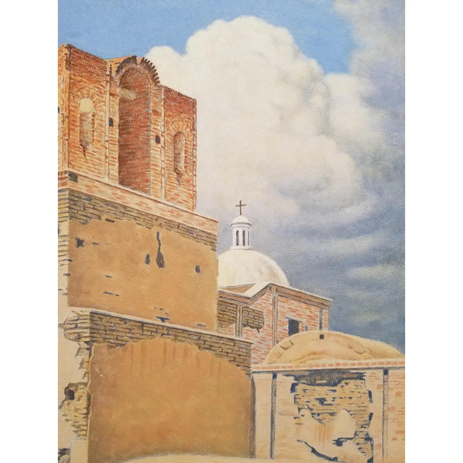 Hand-Painted Tumacacori Mission Painting by William Norris Dakin For Sale