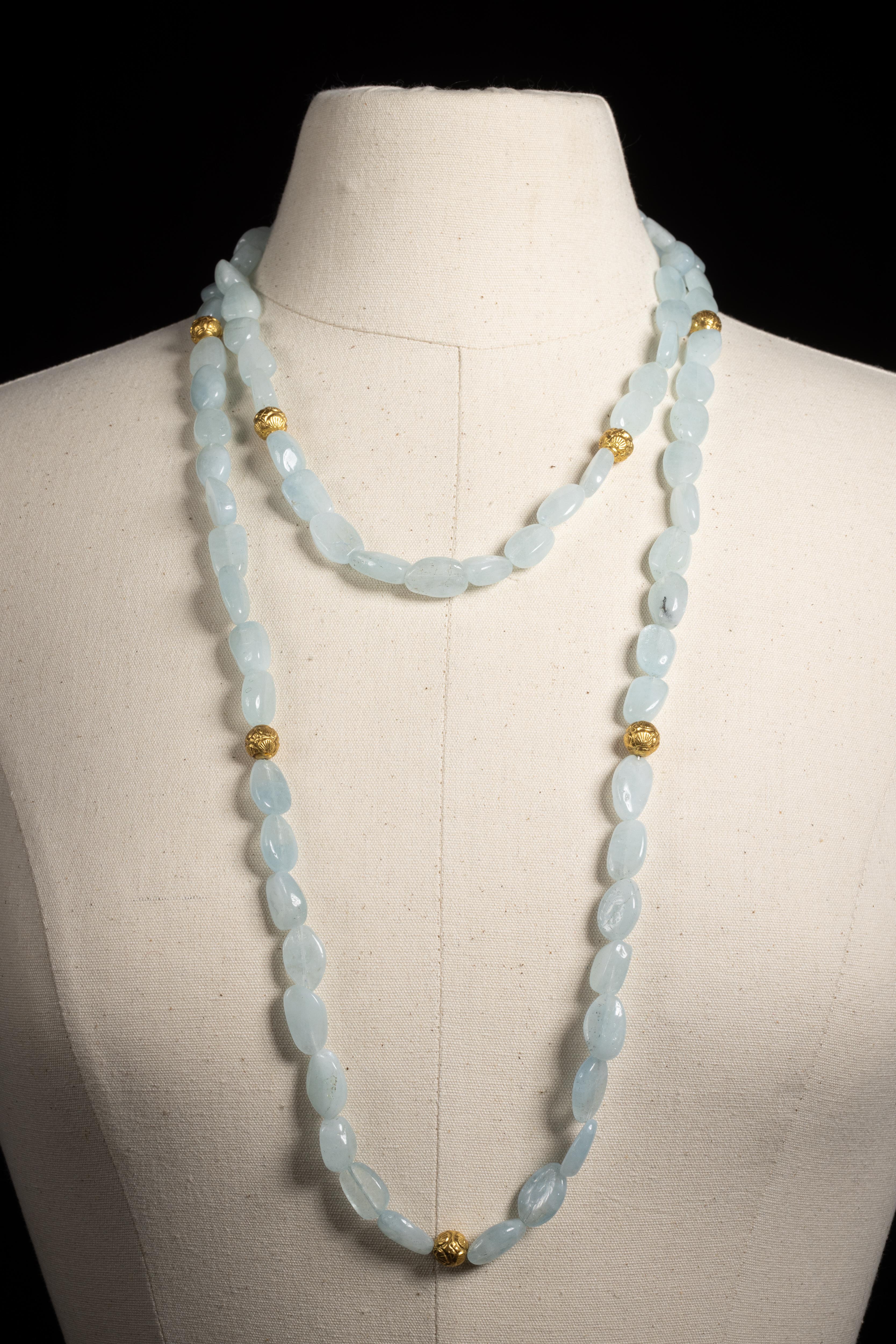 Women's or Men's Tumbled Aquamarine and 18K Gold Beaded Necklace, Worn Long or Short For Sale