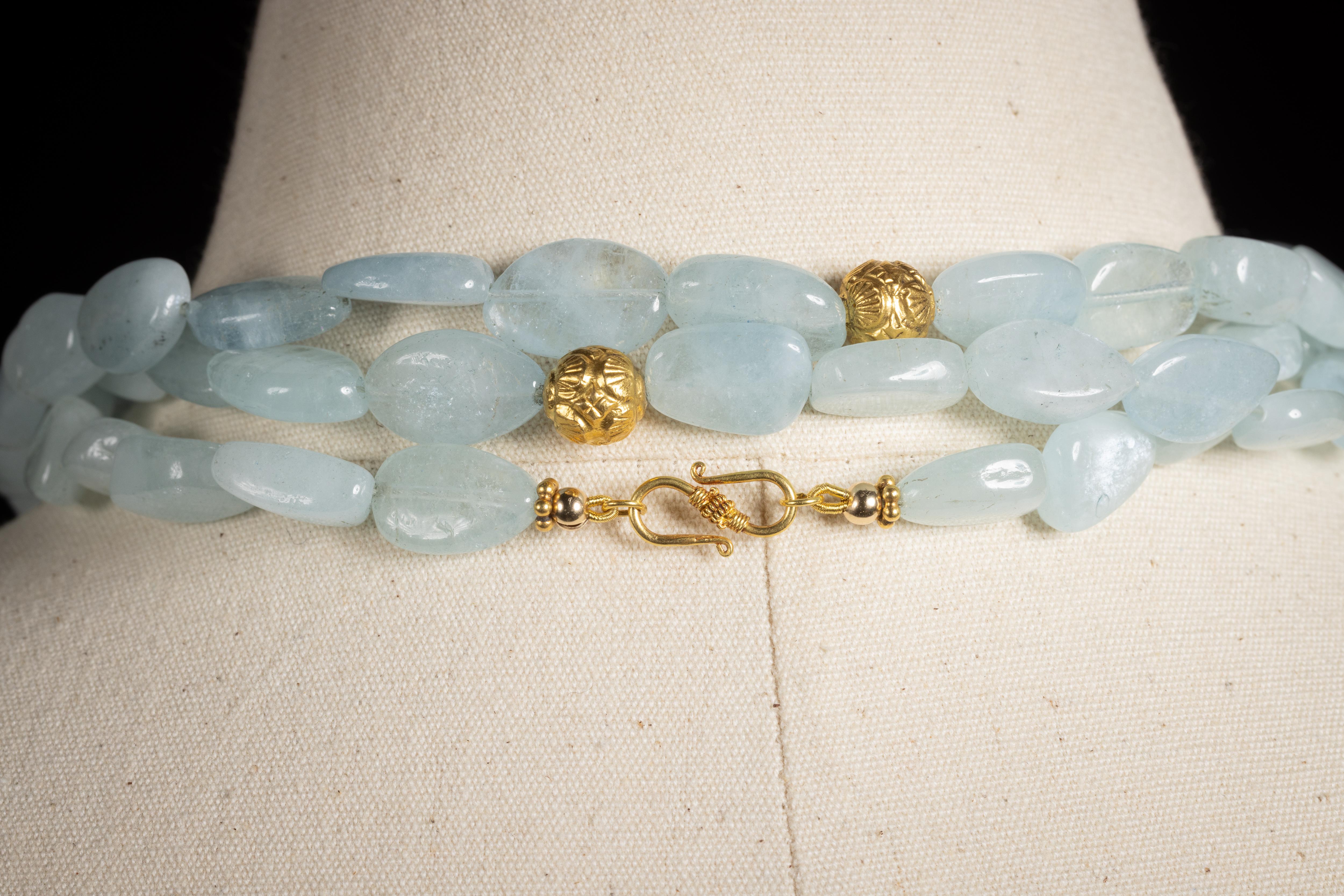 Tumbled Aquamarine and 18K Gold Beaded Necklace, Worn Long or Short For Sale 1