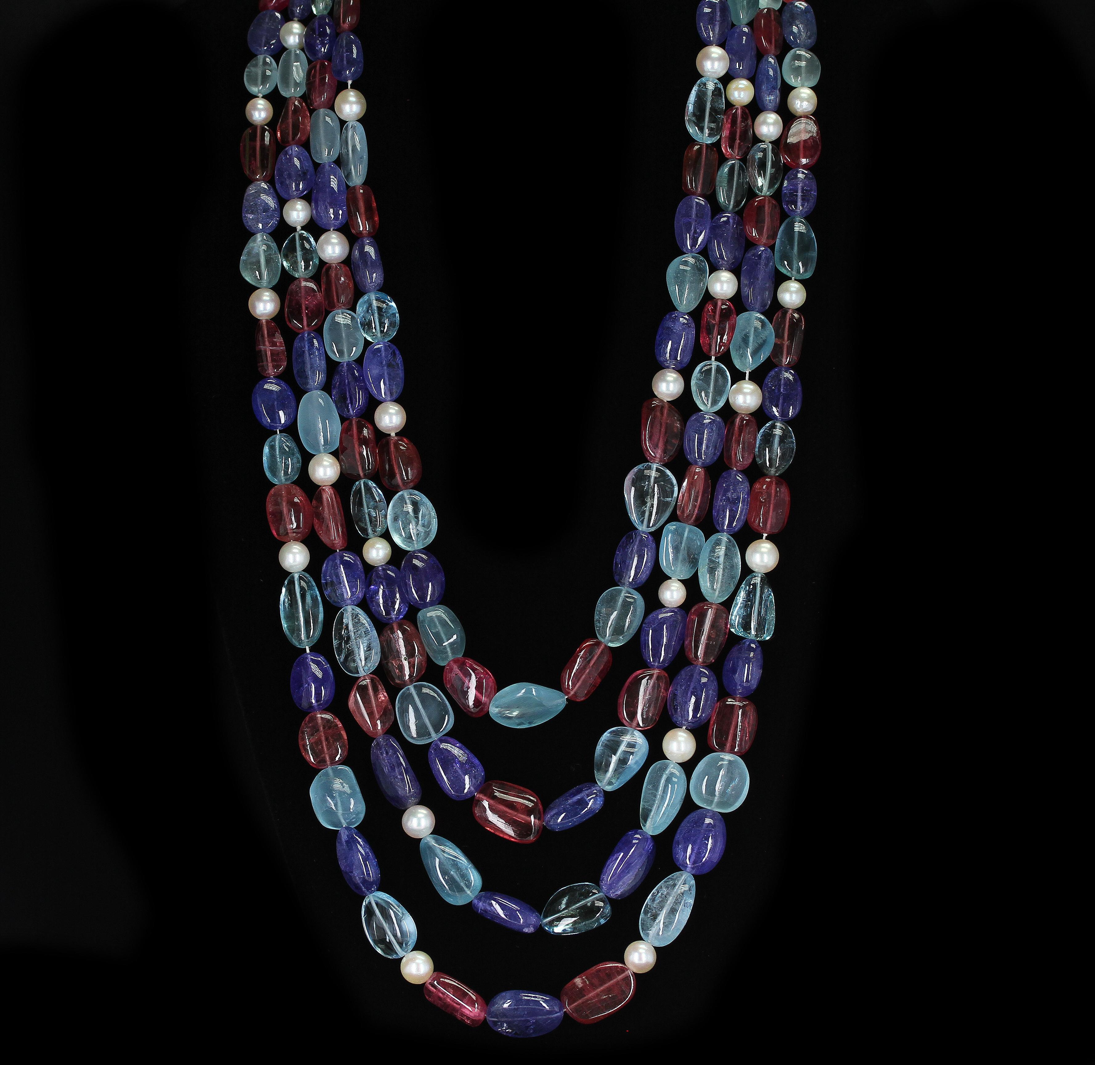 Tumbled Aquamarine, Tourmaline, Tanzanite and Pearl Three-Strand Necklace In Excellent Condition For Sale In New York, NY