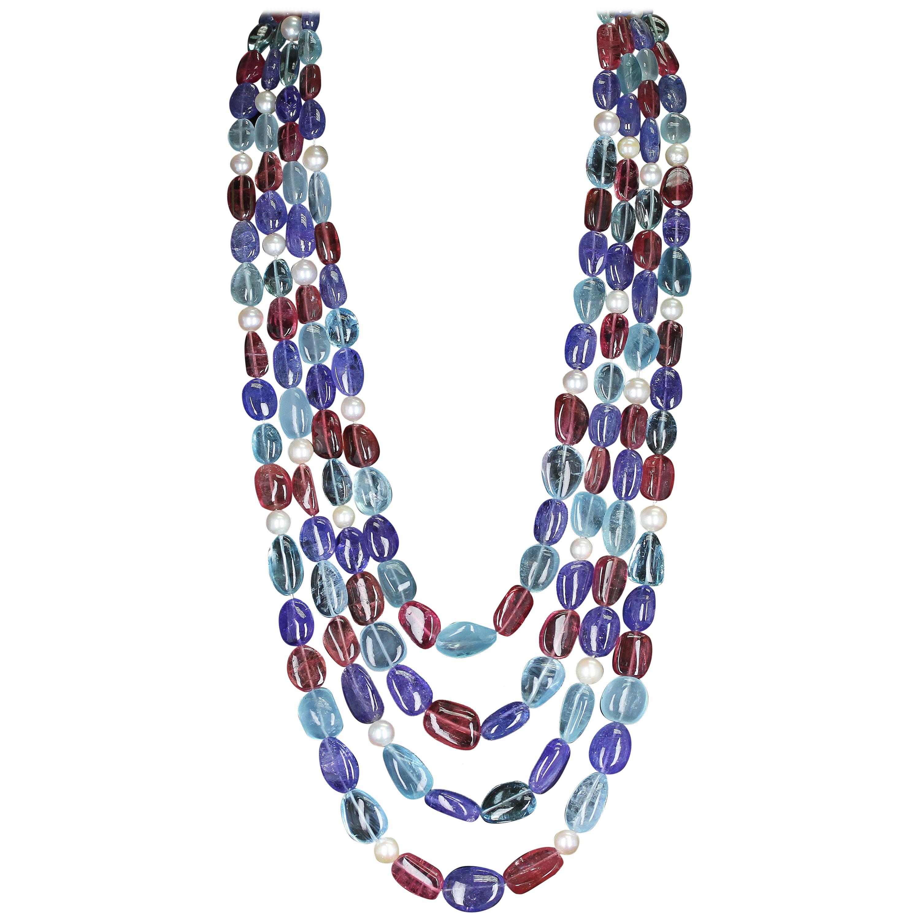 Tumbled Aquamarine, Tourmaline, Tanzanite and Pearl Three-Strand Necklace For Sale