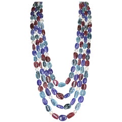 Tumbled Aquamarine, Tourmaline, Tanzanite and Pearl Three-Strand Necklace