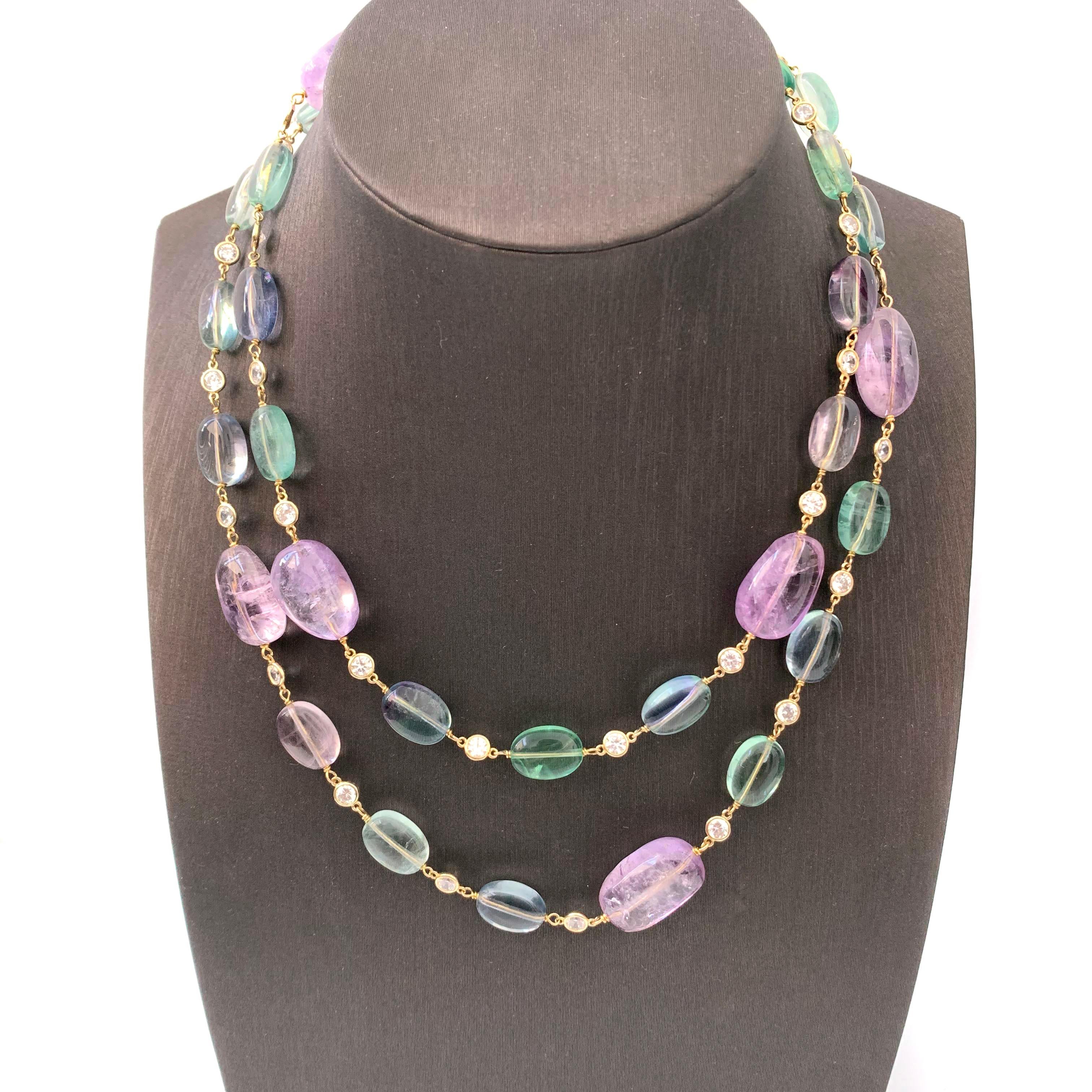 Discover the beautiful tumbled Fluorite and Amethyst station necklace.

This necklace feature 27 pcs of beautiful tumbled multi-shaded fluorite and 6 pcs of large and shiny amethyst. Each station is hand wire wrapped with 14k vermeil gold plated