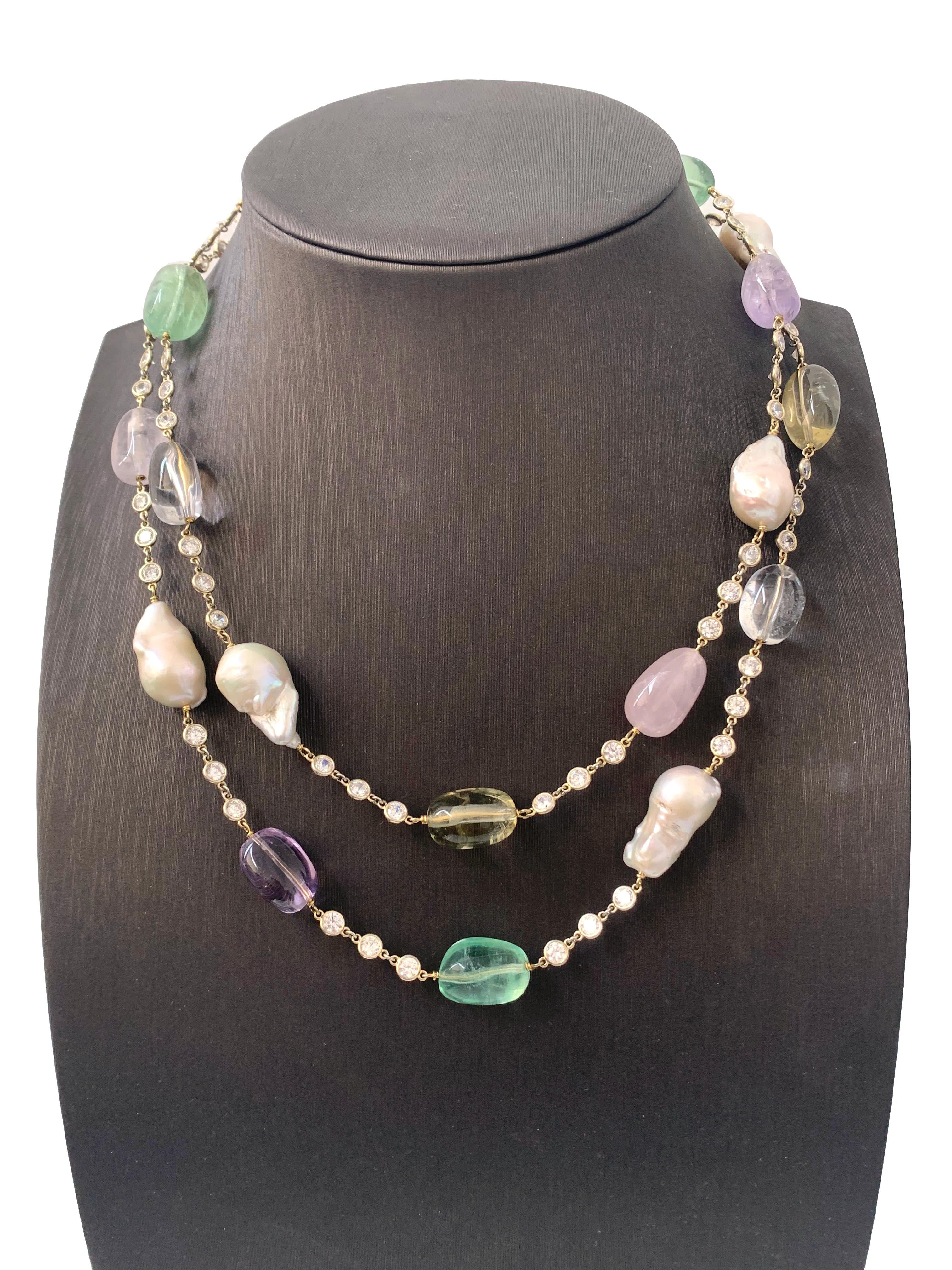 Discover the beautiful tumbled multicolor gemstones and baroque pearl station necklace.

This necklace feature 14 pcs of assorted beautiful multicolor gemstones  (Lemon Quartz, Rose Quartz, Amethyst, Fluorite, Clear Quartz) and 7 pcs of unique and