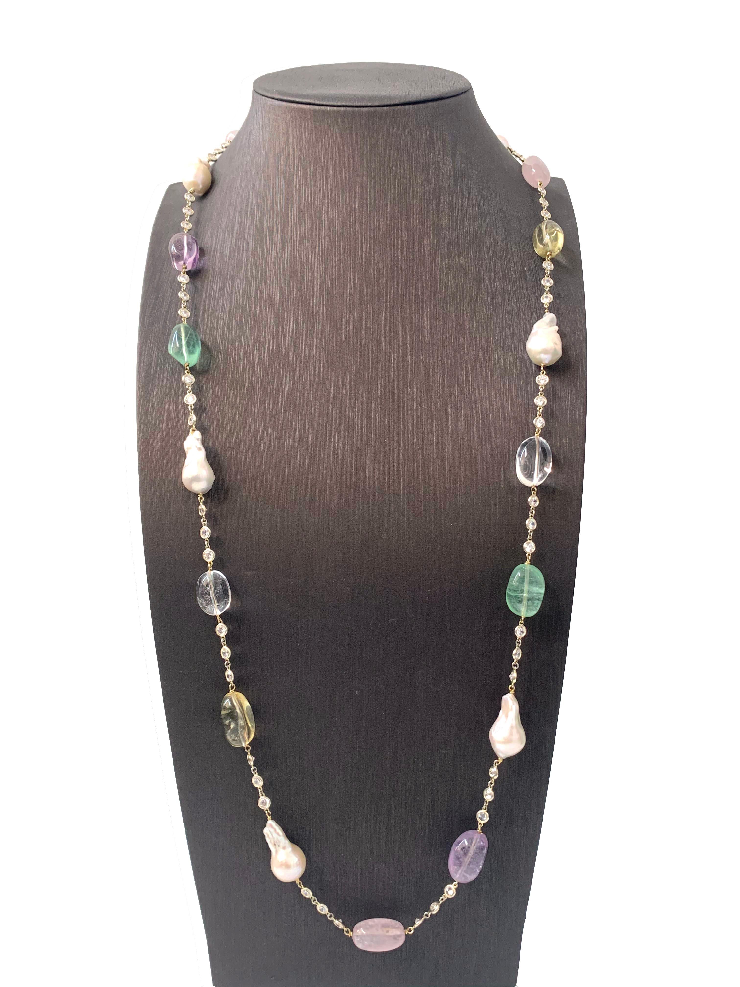Contemporary Tumbled Multicolor Gemstones and Baroque Pearl Station 14k Vermeil Necklace 45