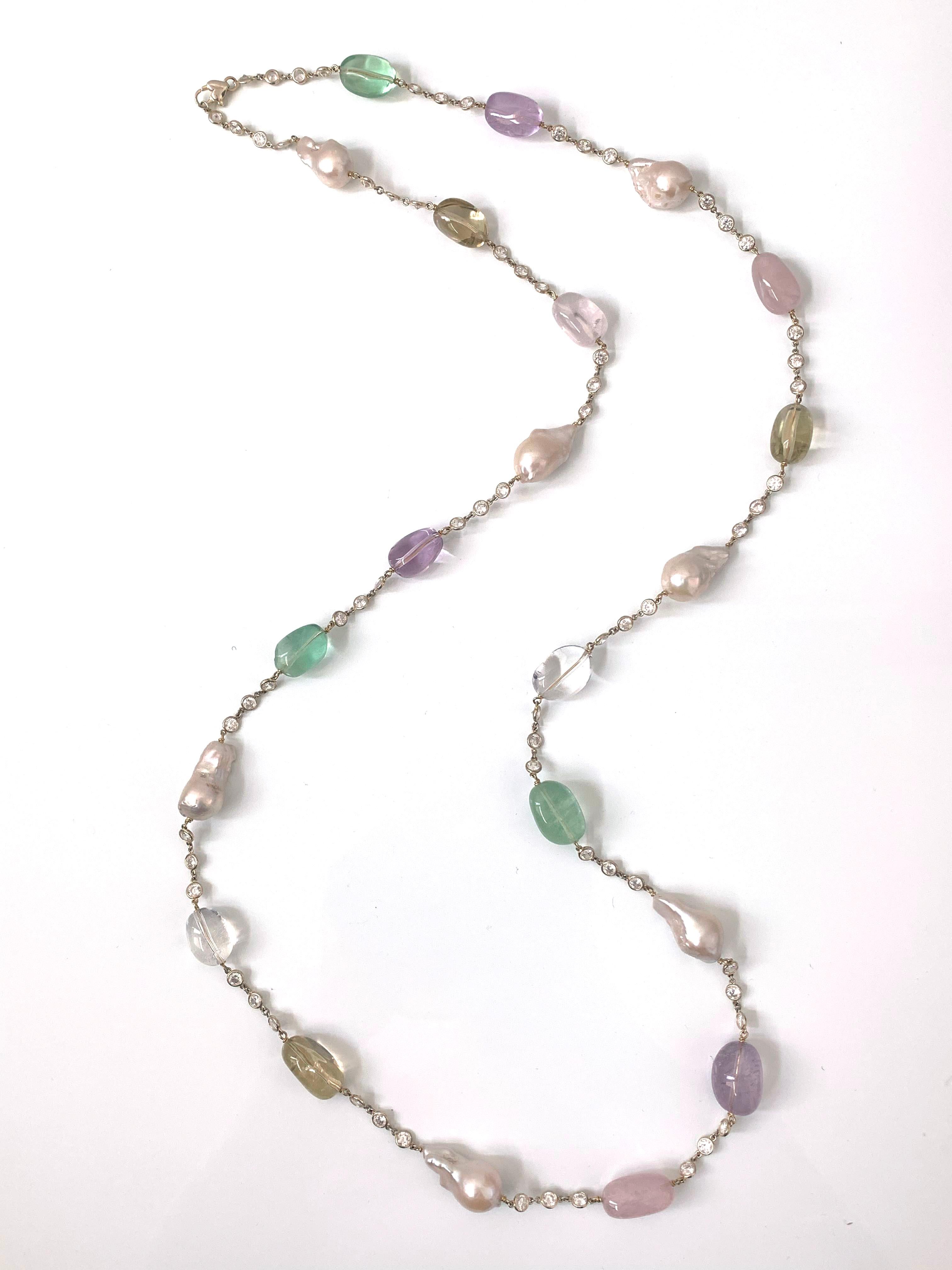 Women's Tumbled Multicolor Gemstones and Baroque Pearl Station 14k Vermeil Necklace 45