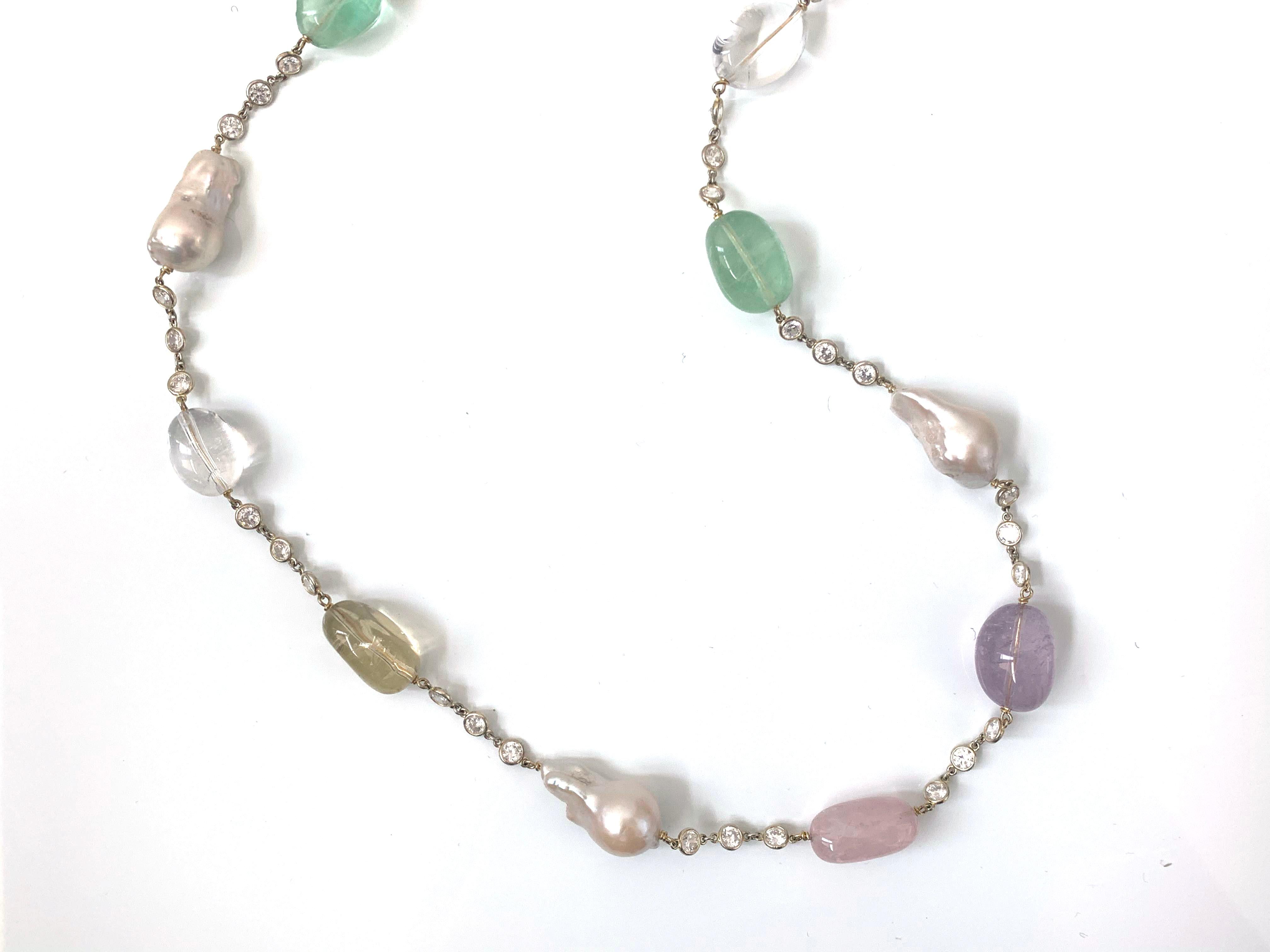 Tumbled Multicolor Gemstones and Baroque Pearl Station 14k Vermeil Necklace 45
