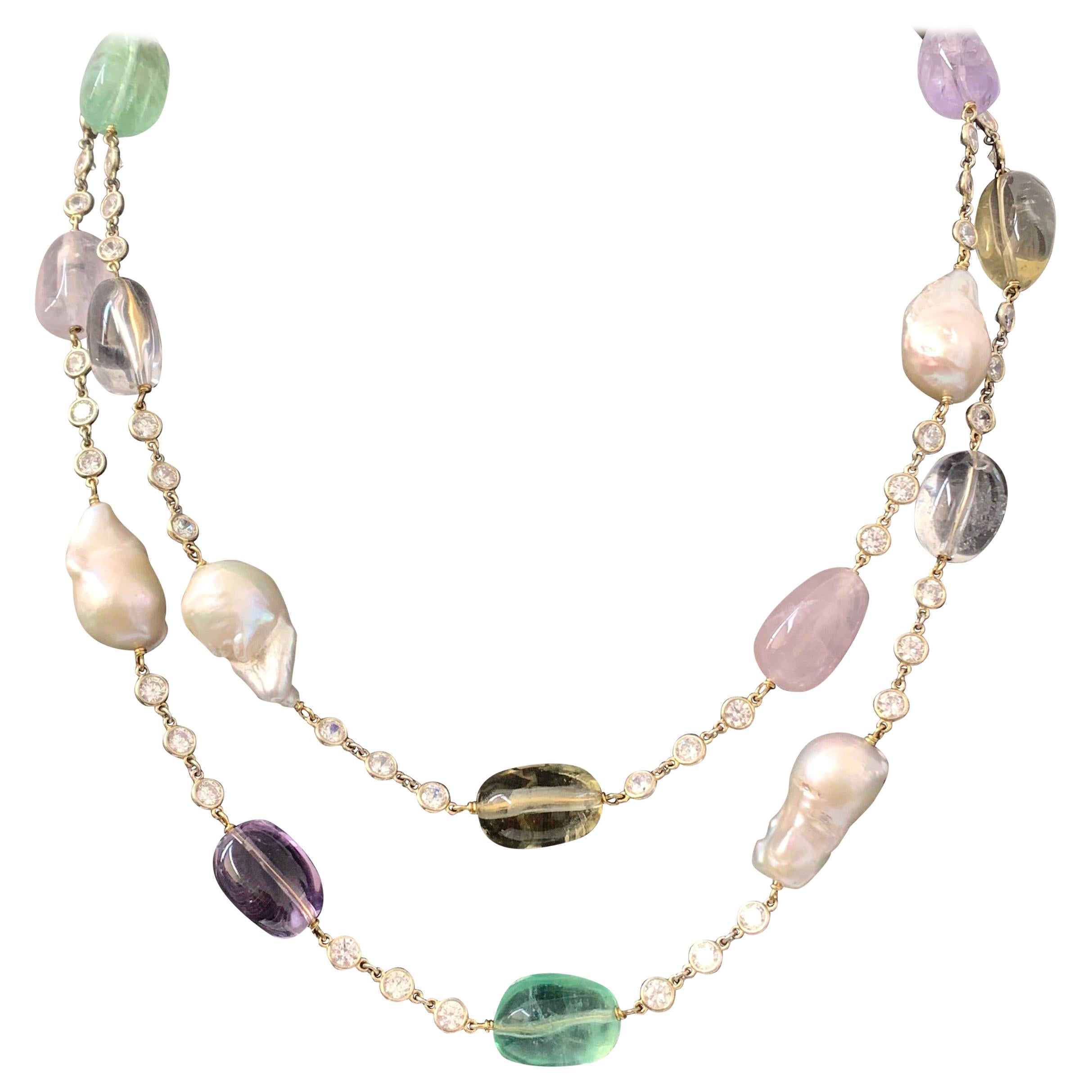 Tumbled Multicolor Gemstones and Baroque Pearl Station 14k Vermeil Necklace 45"