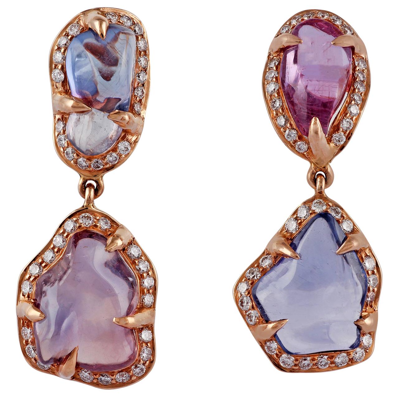 Tumbled Shaped Multi Sapphire and Diamond Earrings Studded in 18 Karat Rose Gold