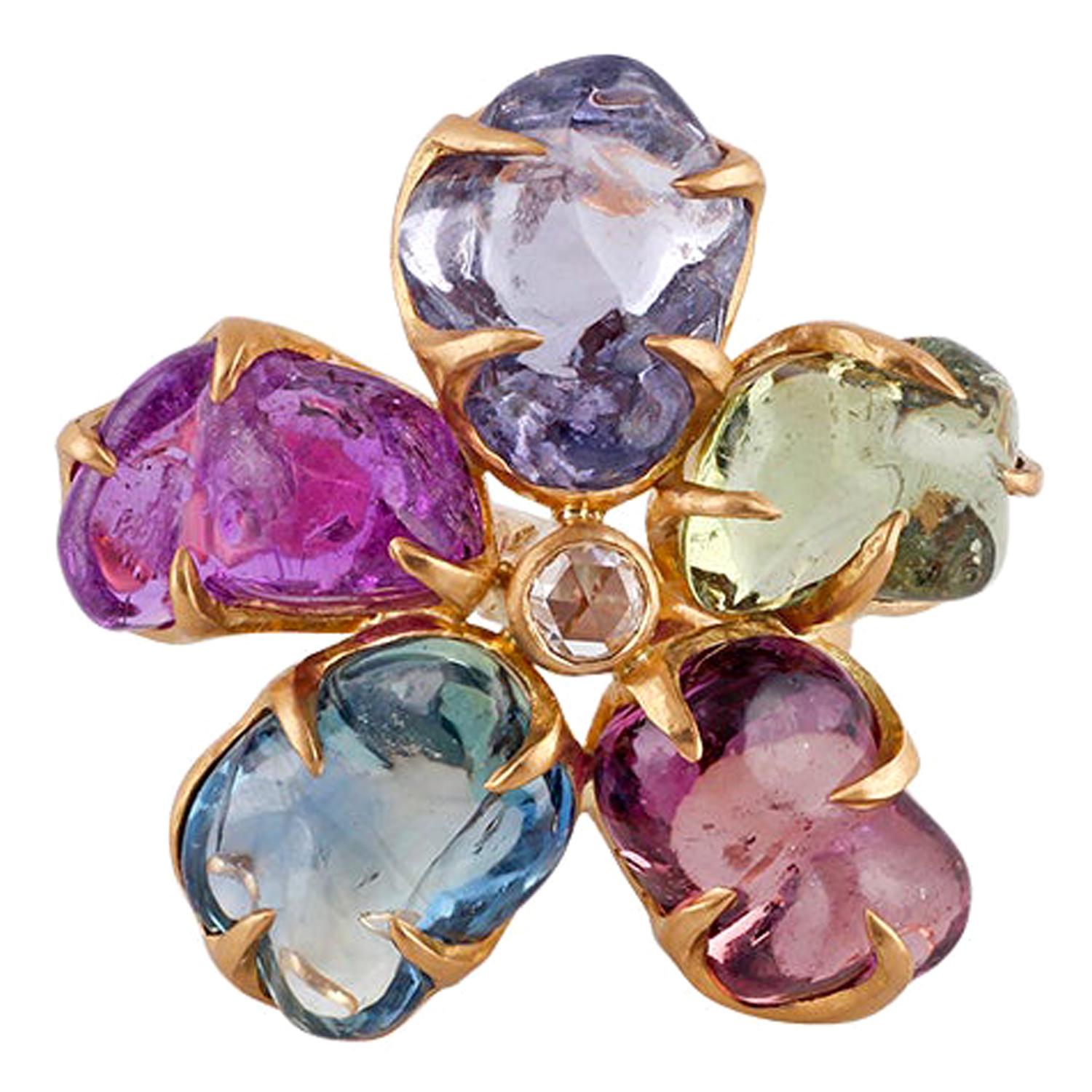 Tumbled Shaped Multi Sapphire and Diamond Ring Studded In 18 Karat Matte Gold