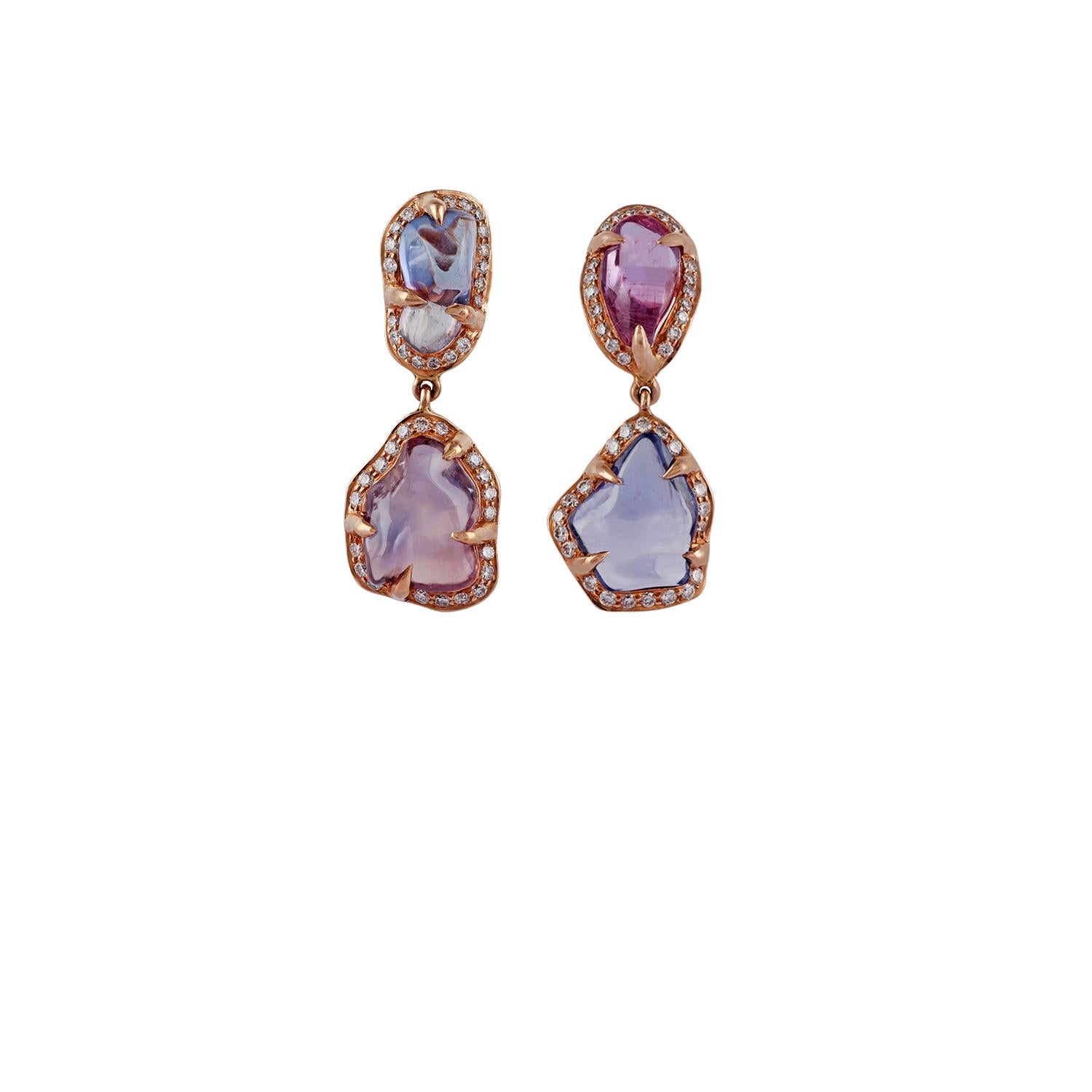 These are a unique pair of earrings with tumbled shaped multi sapphire & diamonds features 4 pieces of multi sapphire tumble weight 8.96 carats & 80 pieces of round shaped brilliant cut diamonds weight 0.51 carat, these entire earrings are studded