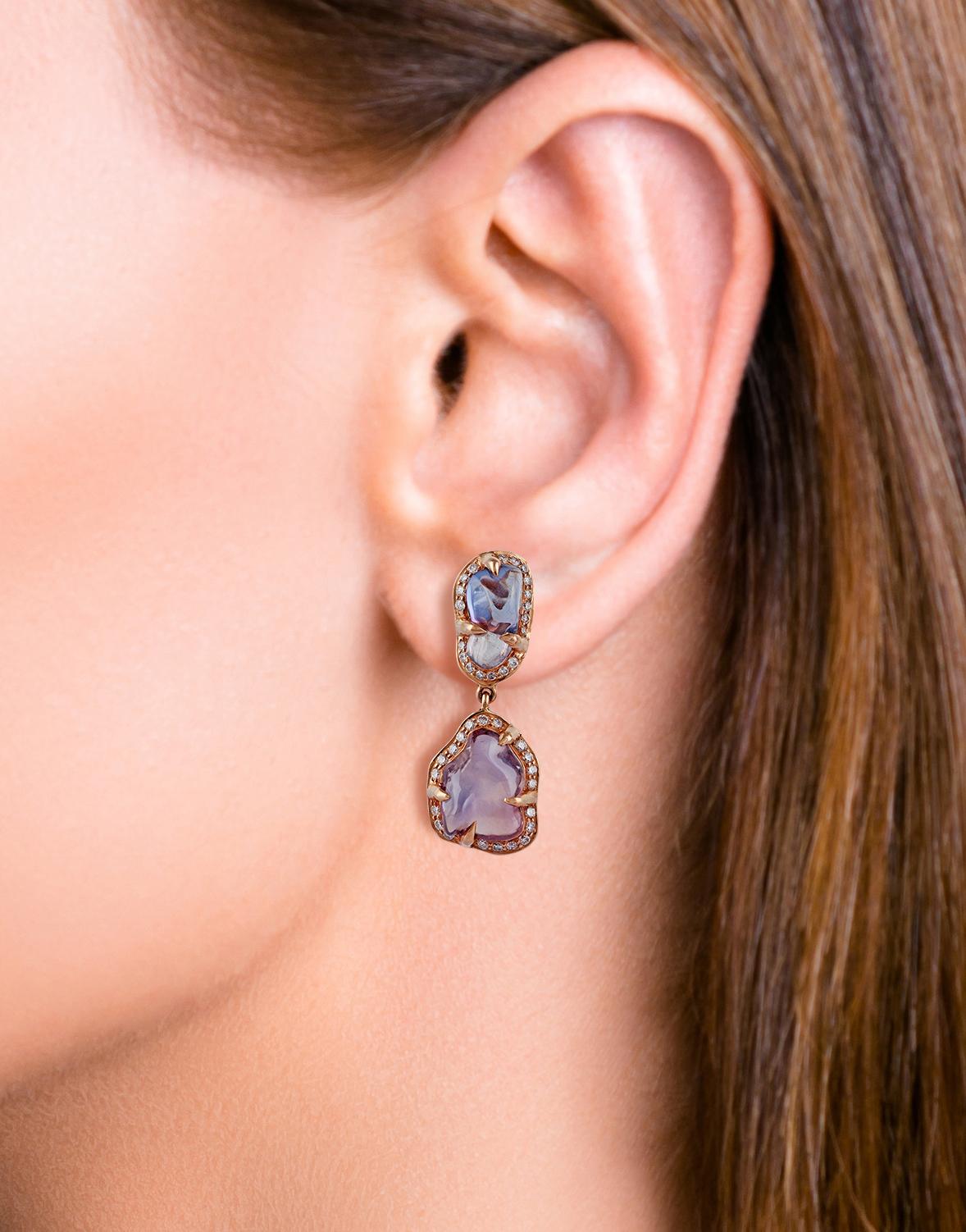 Contemporary Tumbled Shaped Multi Sapphire and Diamond Earrings Studded in 18 Karat Rose Gold