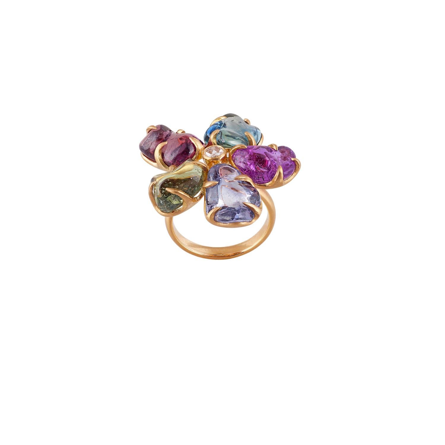 This is one of a kind tumbled shaped multi sapphire & diamond ring that features 5 pieces of tumbled multi sapphire weight 30.12 carats & 1 piece of round shaped rose cut diamond weight 0.10 carat the entire ring is studded in 18k matte yellow gold