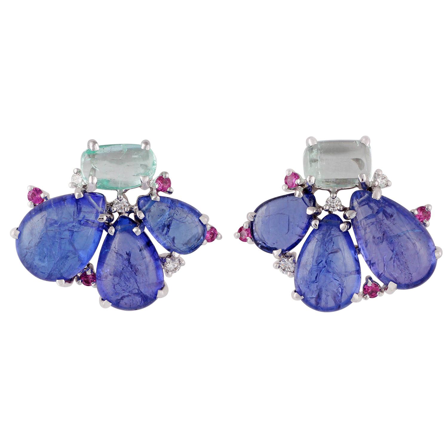Tumbled Shaped Tanzanite, Emerald, Pink Sapphire and Diamond Earring in Gold