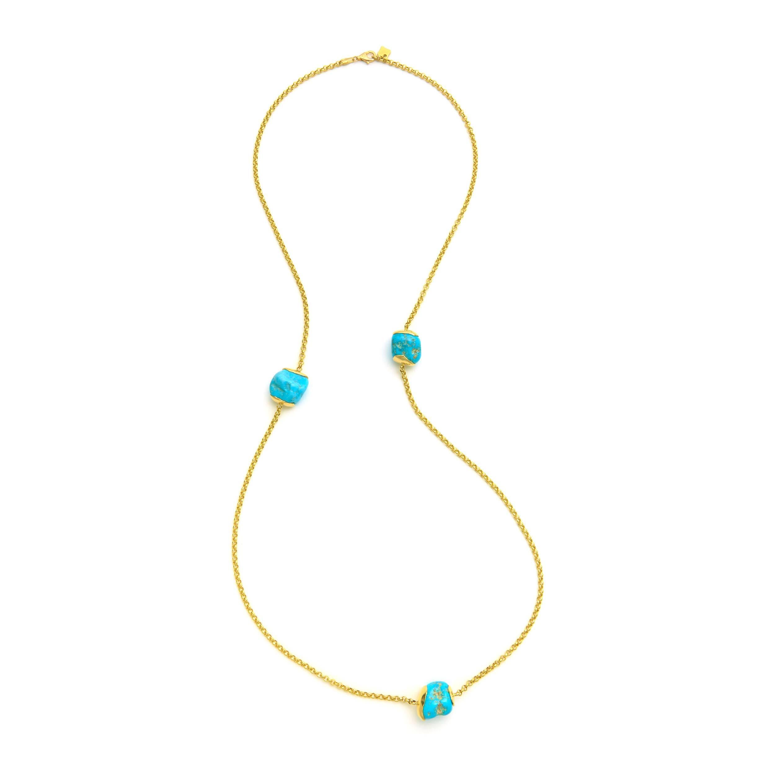 Women's Tumbled Turquoise Stone, 18 Kt Carat Yellow Gold Modern Classic Chic Necklace For Sale