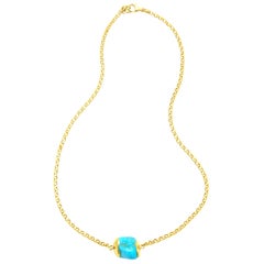 Tumbled Turquoise Stone, 18 Kt Carat Yellow Gold Modern Classic Chic Necklace