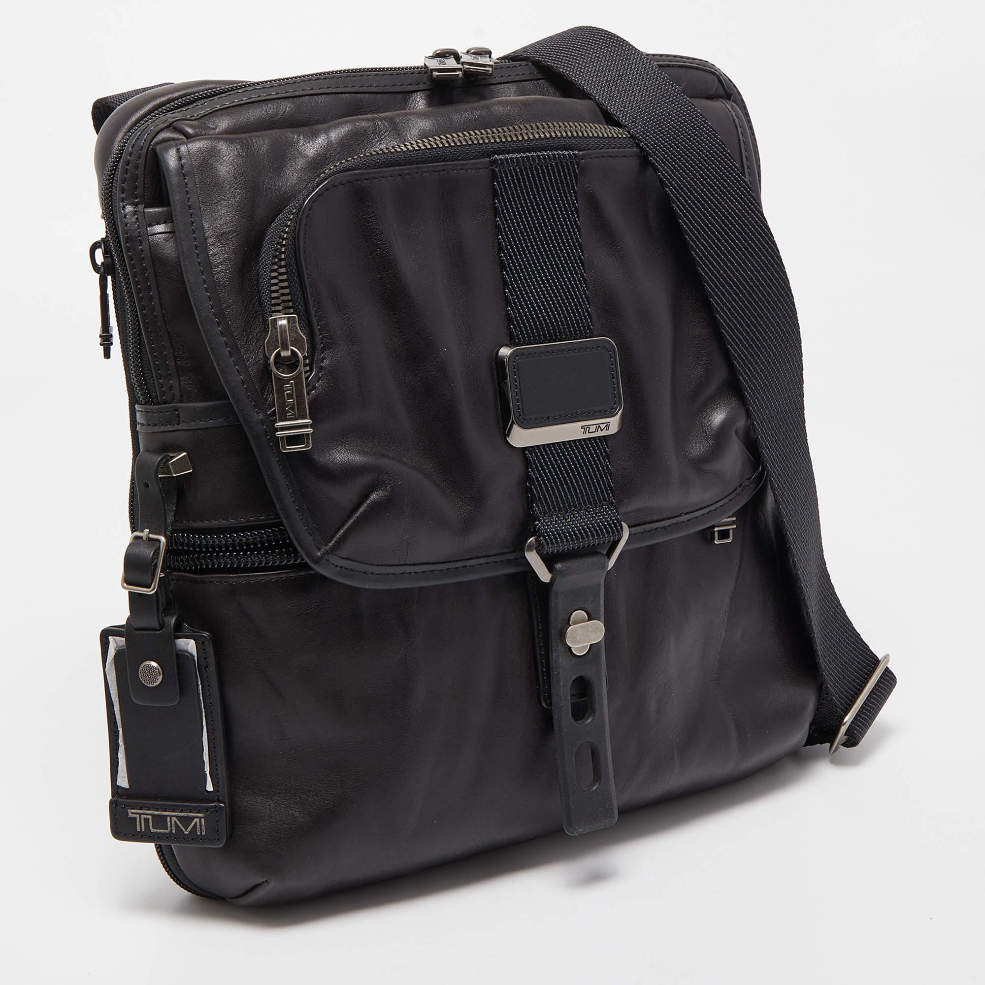 Men's Tumi Black Leather Alpha Bravo Arnold Zip Flap Expandable Messenger Bag