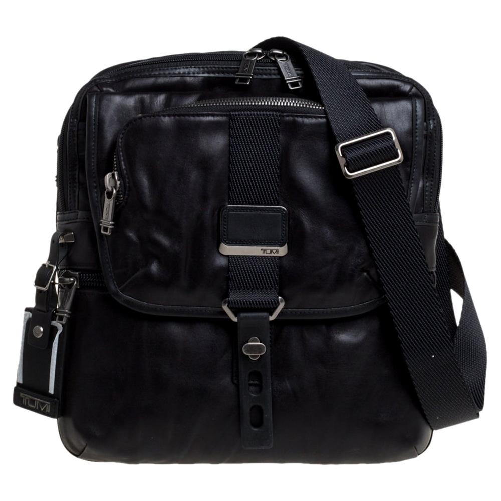 TUMI Black Leather Alpha Bravo Arnold Zip Flap Messenger Bag at 1stDibs