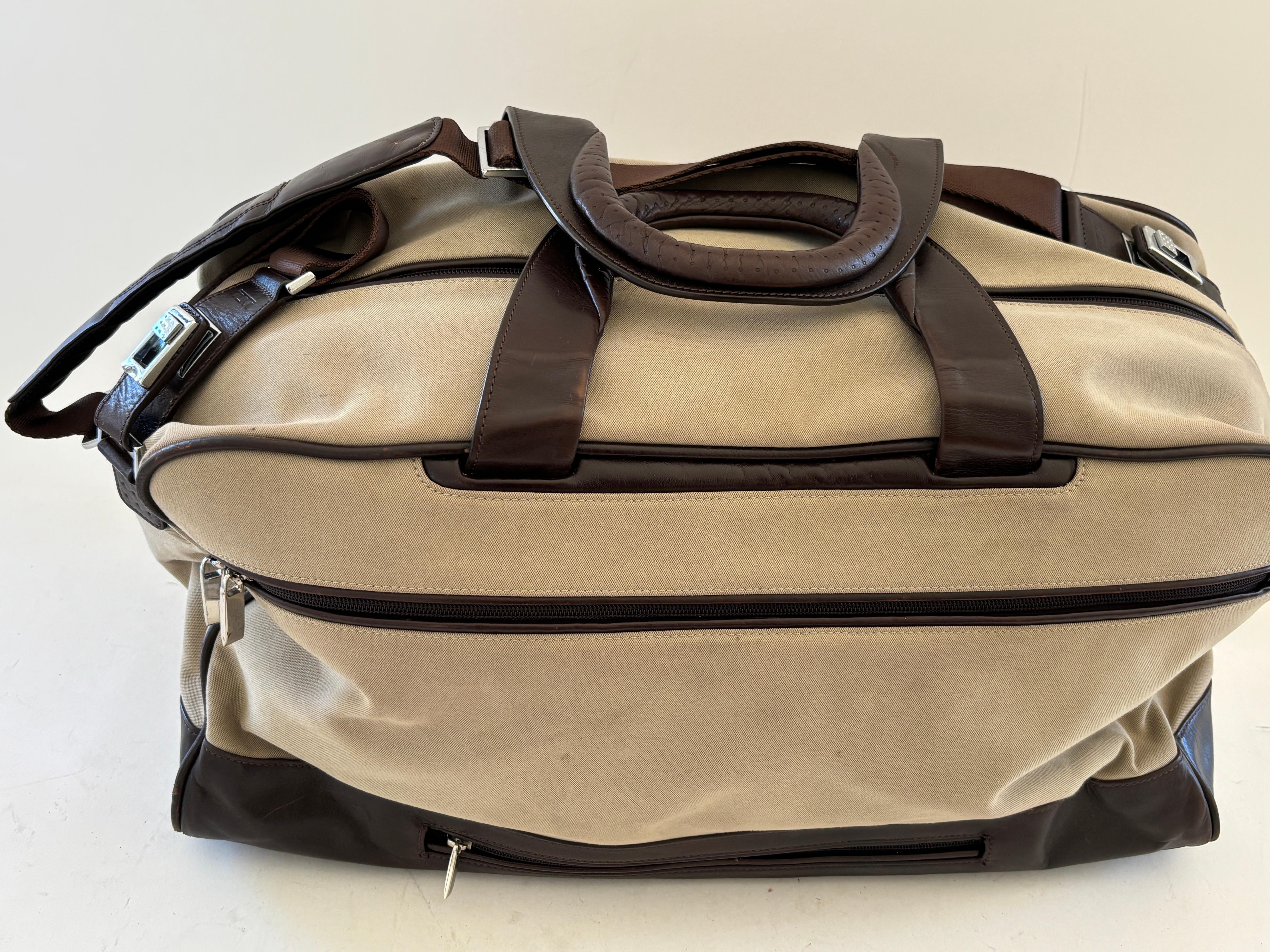 TUMI Canvas Luggage Large Travel Bag with Leather Strap and Handles For Sale 7