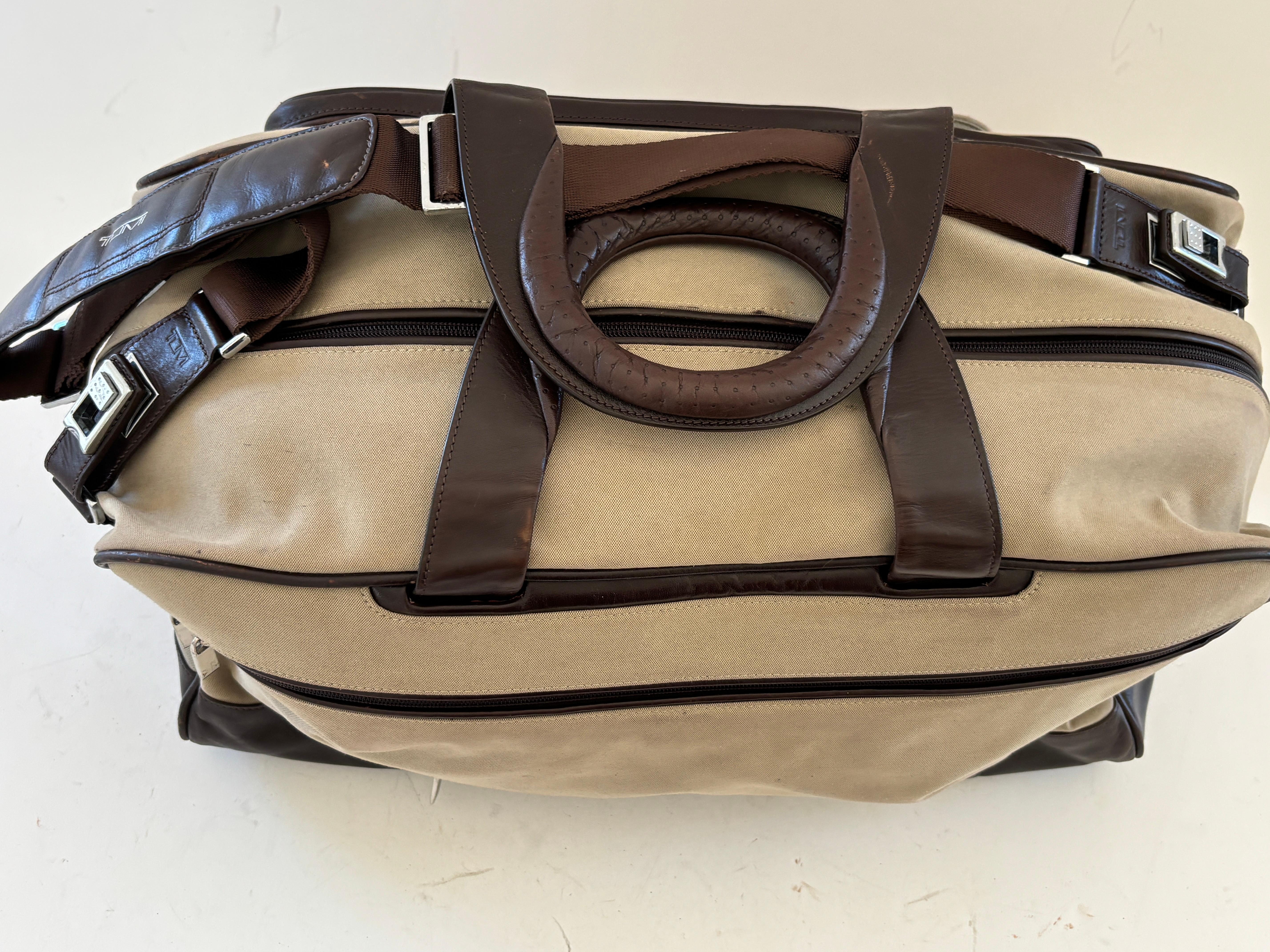 TUMI Canvas Luggage Large Travel Bag with Leather Strap and Handles For Sale 8