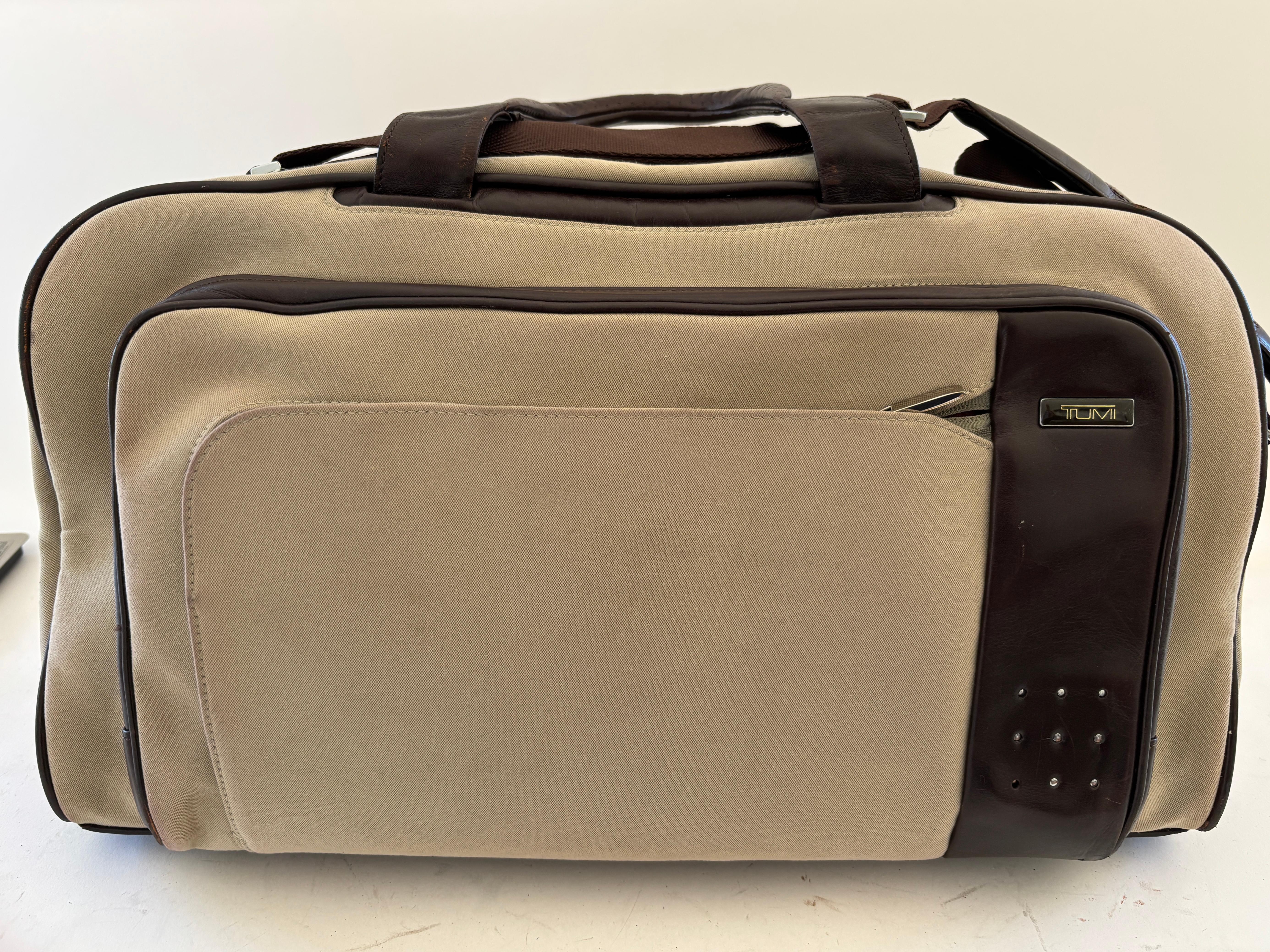 Brown TUMI Canvas Luggage Large Travel Bag with Leather Strap and Handles For Sale