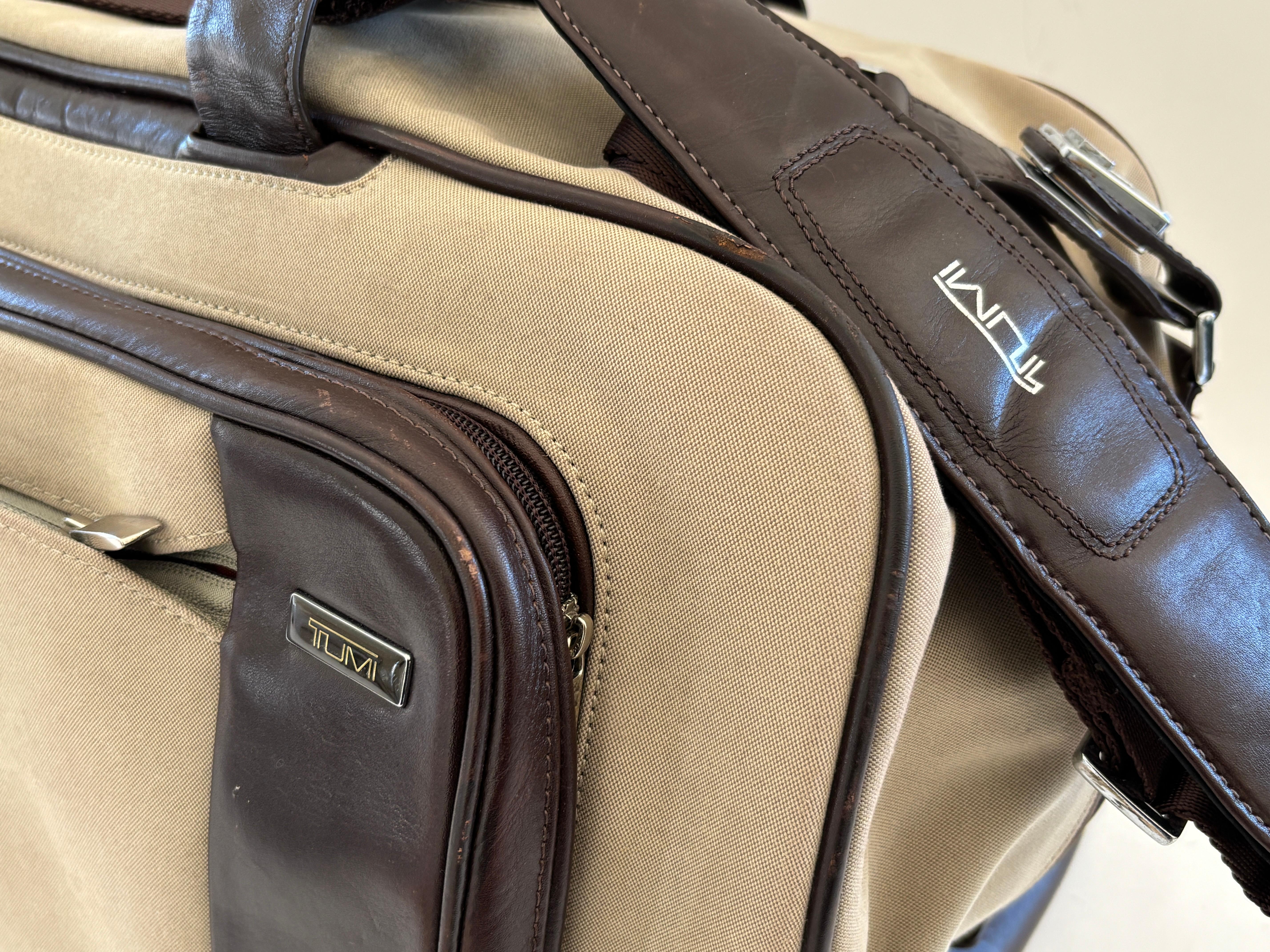TUMI Canvas Luggage Large Travel Bag with Leather Strap and Handles For Sale 2