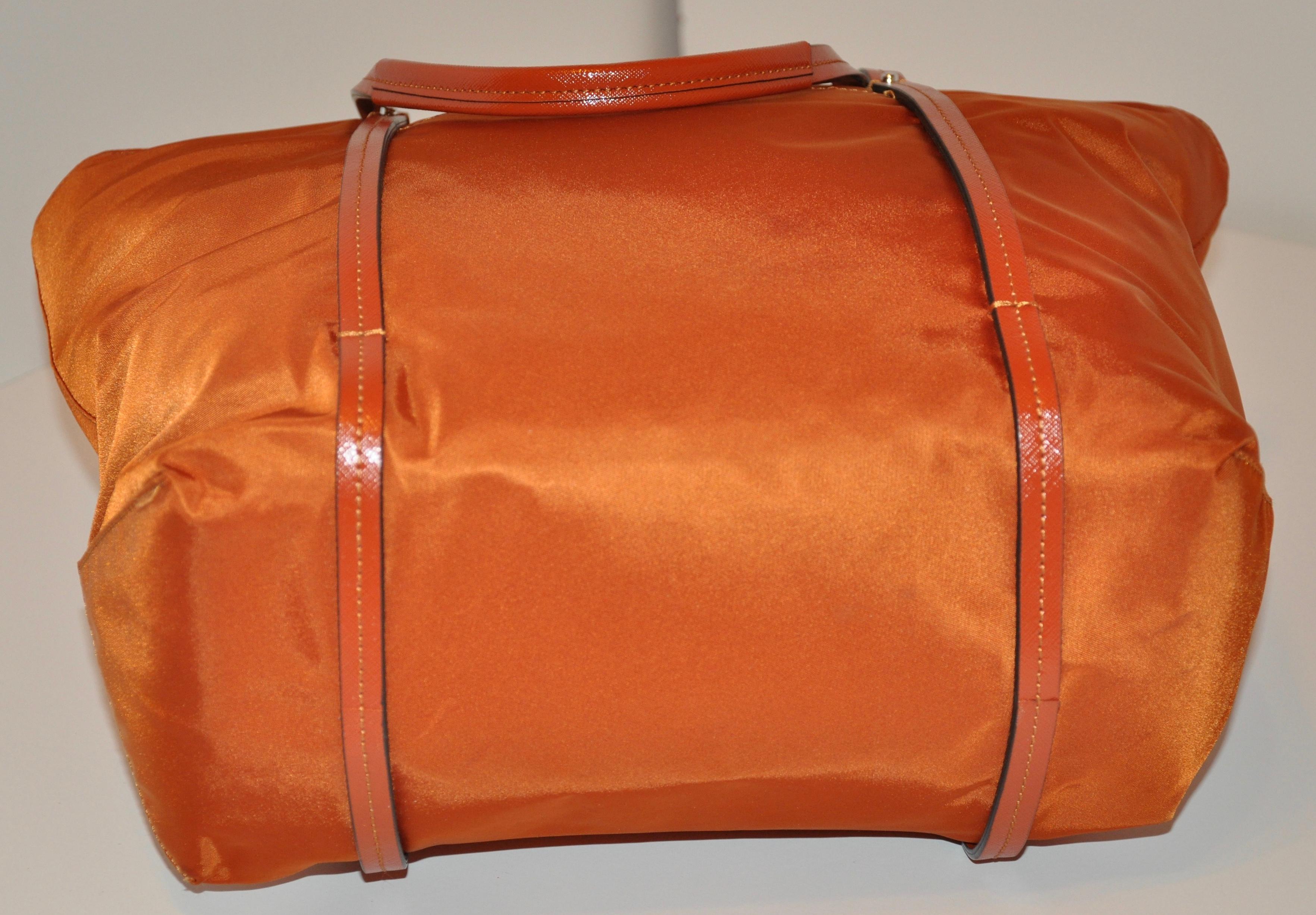 Brown Tumi Golden Bronze-Tangerine Nylon Zippered Top Double-Handle Tote Bag For Sale