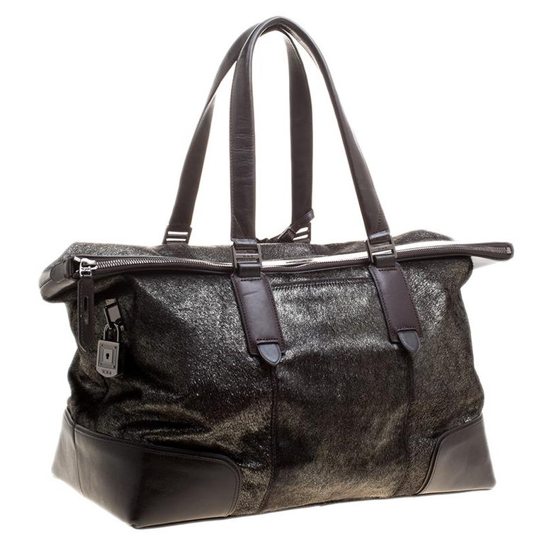 Tumi Silver/Brown Calfhair and Leather Stamford Weekender Bag For Sale