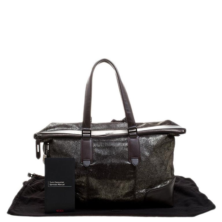 Tumi Silver/Brown Calfhair and Leather Stamford Weekender Bag For Sale
