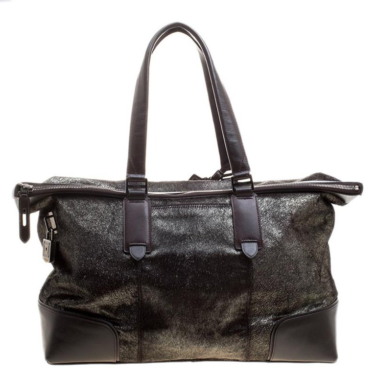 Tumi Silver/Brown Calfhair and Leather Stamford Weekender Bag For Sale