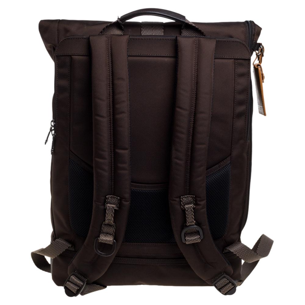 TUMI Two Tone Brown Nylon and Leather Cypress Roll Top Backpack at