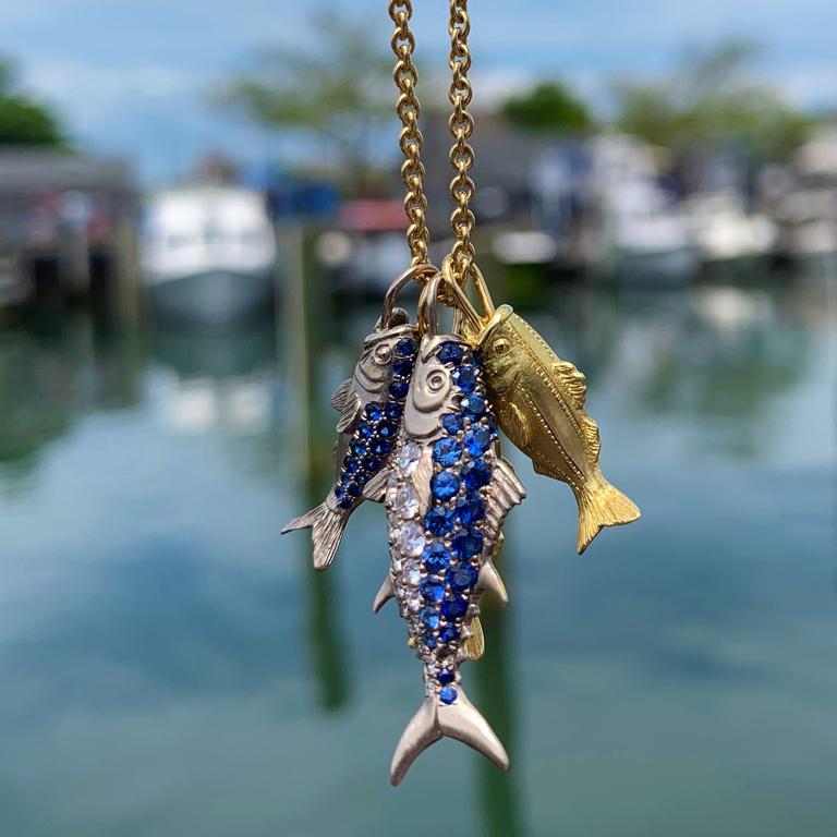 Brilliant Cut Susan Lister Locke Nantucket Diamond and Sapphire Tuna Fish Pendant For Sale