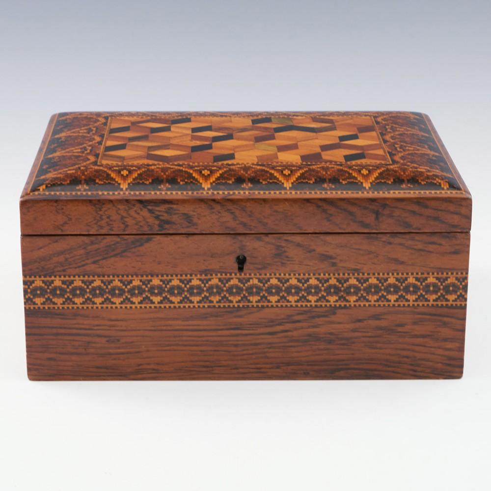 Anglais Tunbridge Ware - Une belle boîte à couture avec des cubes isométriques, c1850 en vente