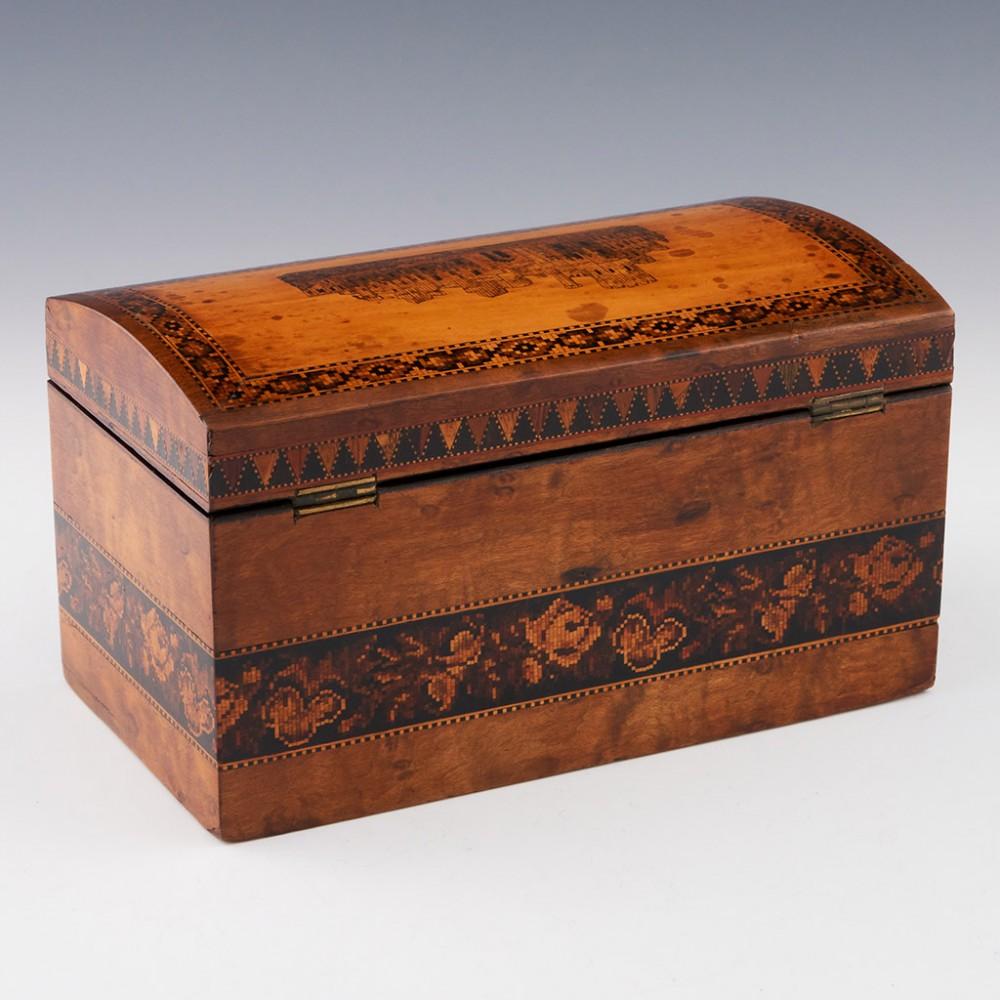 Victorian Tunbridge Ware - A Two Compartment Tea Caddy with Eridge Castle Mosaic, c1865 For Sale