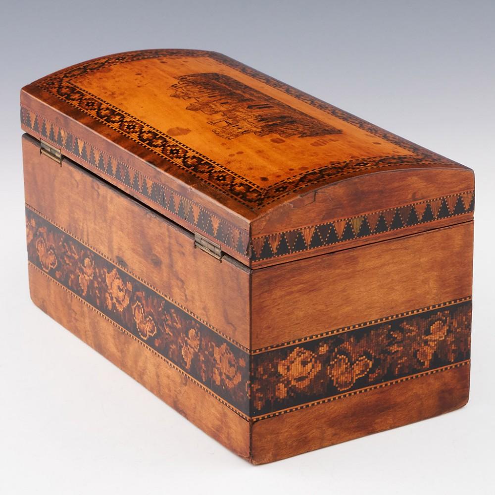 English Tunbridge Ware - A Two Compartment Tea Caddy with Eridge Castle Mosaic, c1865 For Sale