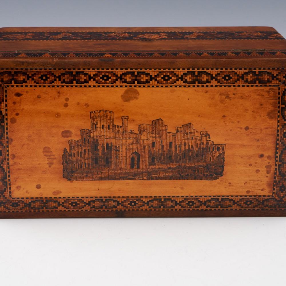 Satinwood Tunbridge Ware - A Two Compartment Tea Caddy with Eridge Castle Mosaic, c1865 For Sale