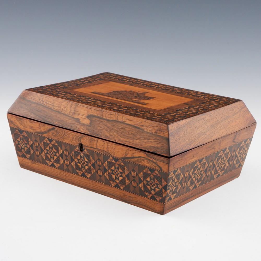 19th Century Tunbridge Ware - A Very Finely Decorated Sewing Box, c1840 For Sale