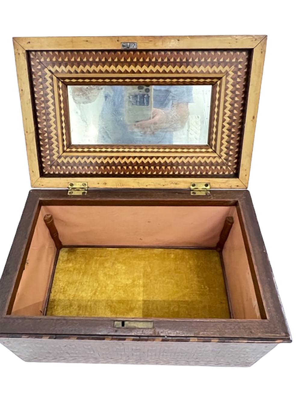 Large Tunbridge ware box with herringbone pattern inlaid parquetry. Circa 1840, England.
