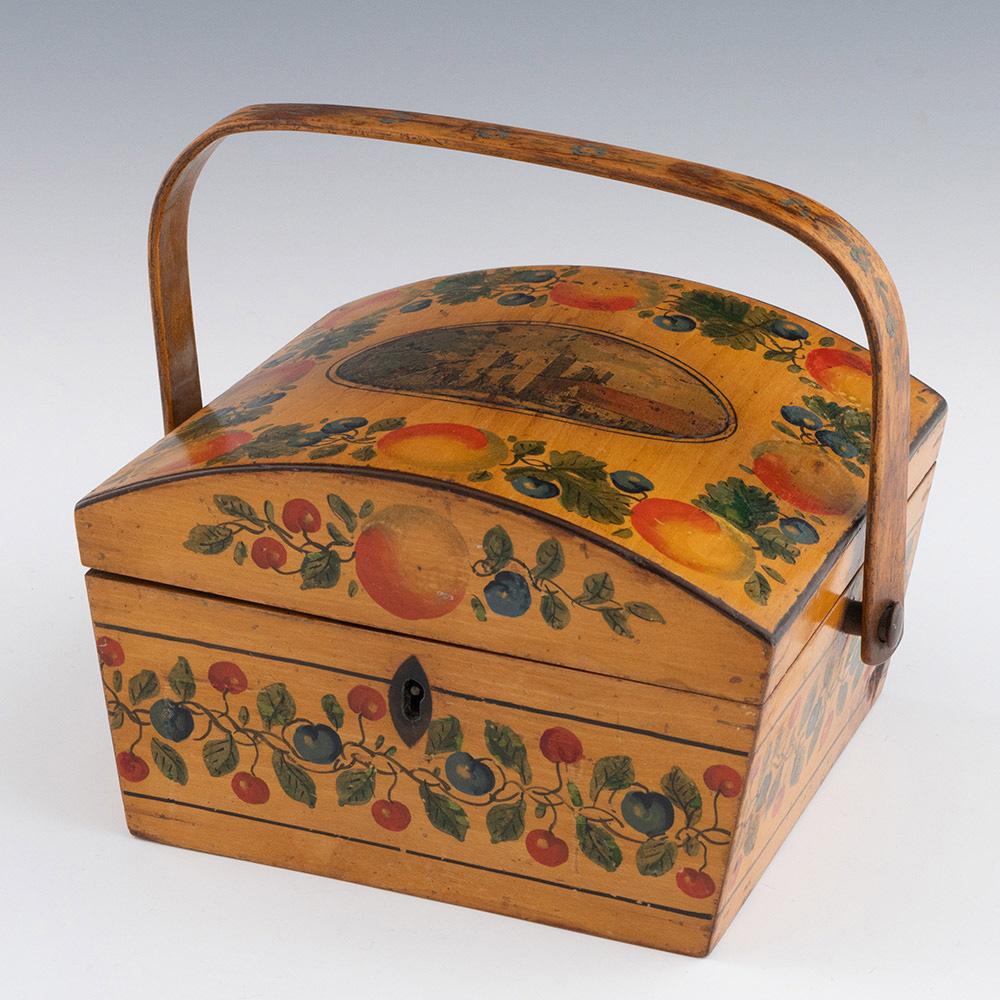 Heading : George Wise Tunbridge ware box with swing handle and image of Dandelion Tower near Margate
Date : c1815
Period : Regency
Origin : Tonbridge, Kent
Decoration : Central transfer printed image of Dandelion Tower near Margate. Painted fruit to