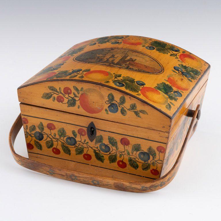 British Tunbridge Ware Box – Swing Handled George Wise Label c1815 For Sale