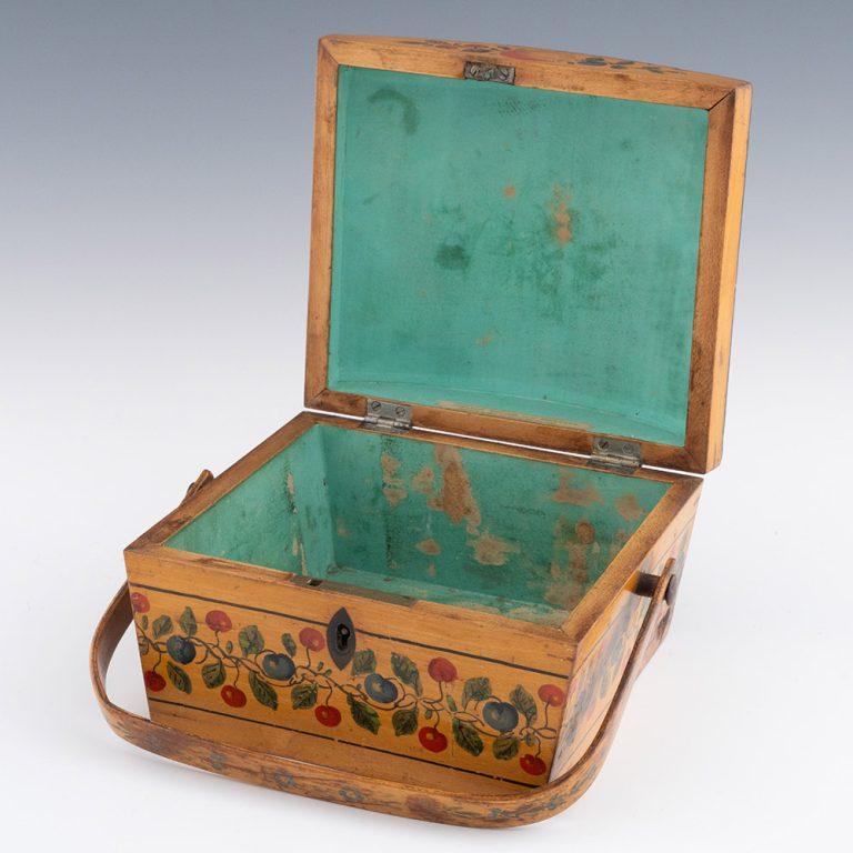 Tunbridge Ware Box – Swing Handled George Wise Label c1815 In Good Condition For Sale In Tunbridge Wells, GB