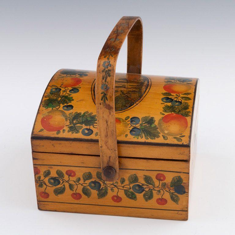 Wood Tunbridge Ware Box – Swing Handled George Wise Label c1815 For Sale