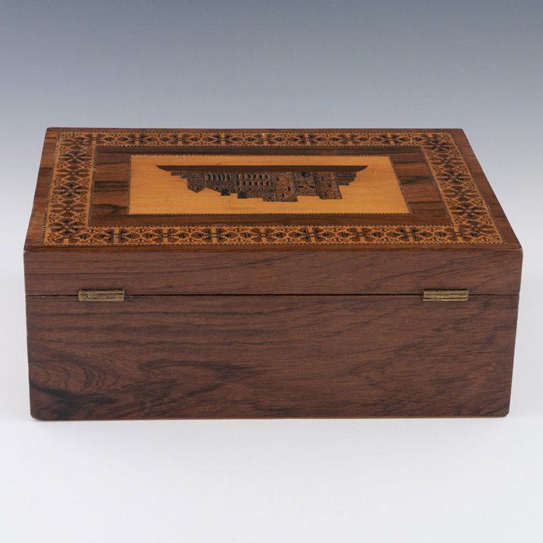 Wood Tunbridge Ware Box with Image of Tonbridge Castle c1840 For Sale