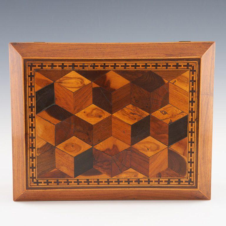 Wood Tunbridge Ware Box with Perspective Cubes c1840 For Sale
