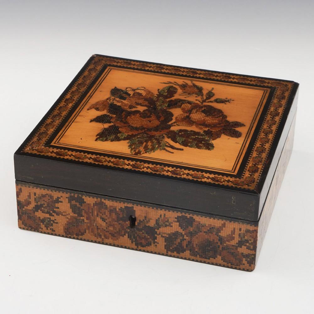 Tunbridge Ware Edmund Nye Square Handkerchief Box, circa 1860

Although labelled, the form of this box - and especially the lining paper - are consistent with other pieces identified as coming from Edmund Nye's manufactory; the influence of Thomas