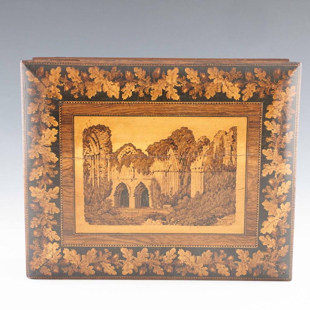 Wood Tunbridge Ware Games Box Depicting Bayham Abbey c1865 For Sale