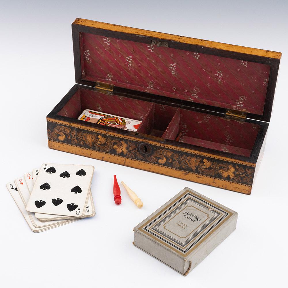 Victorian Tunbridge Ware Games Box with Cribbage Board by Childs c1860