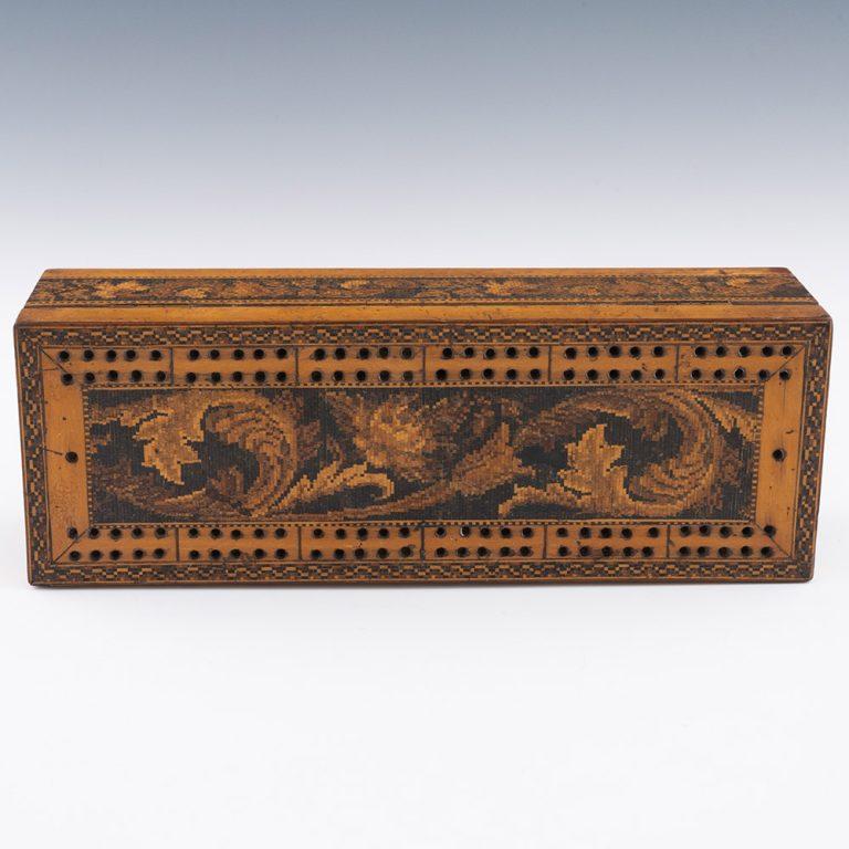 Wood Tunbridge Ware Games Box with Cribbage Board by Childs c1860